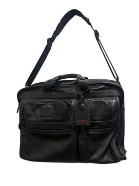 Tumi Black Leather Laptop Briefcase with Shoulder Strap